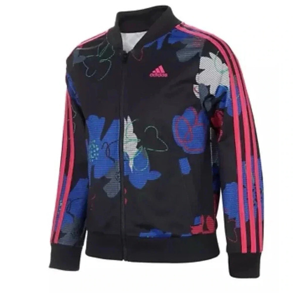 Adidas Girls Black Floral Printed‎ 3-Striped Zip Up Tricot Jacket AP4532 Sz L 14 - Picture 1 of 13